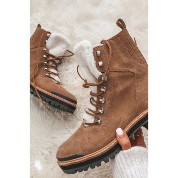 MARC FISHER Izzie Boot Shearling Suede Light Tan Brown Lugsole Lace Up Lizzie 6 - Picture 7 of 16